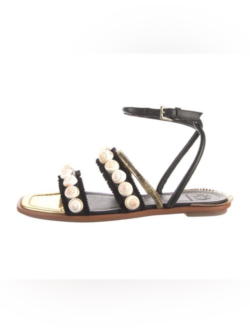 Tory Burch Sinclair Sandals Black Gold Seashell Flat 7.5
